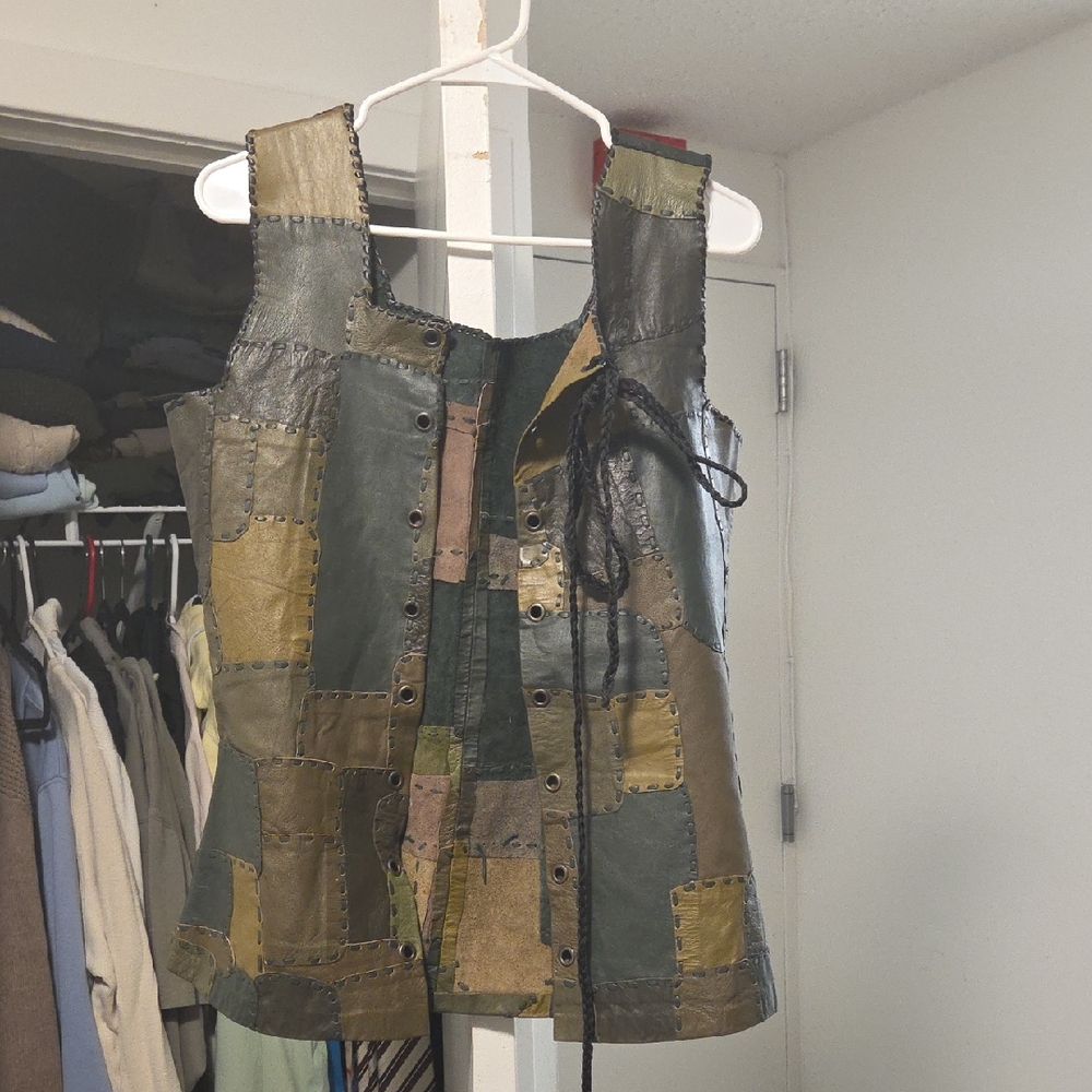 Patchwork Leather Vest with Button Details